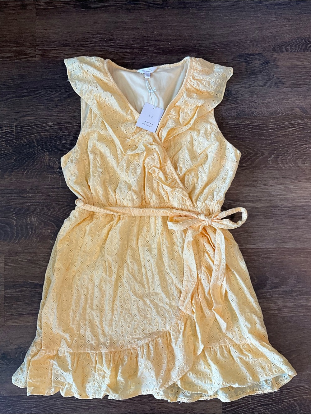 LC Lauren Conrad Yellow Eyelet Ruffle Wrap Dress